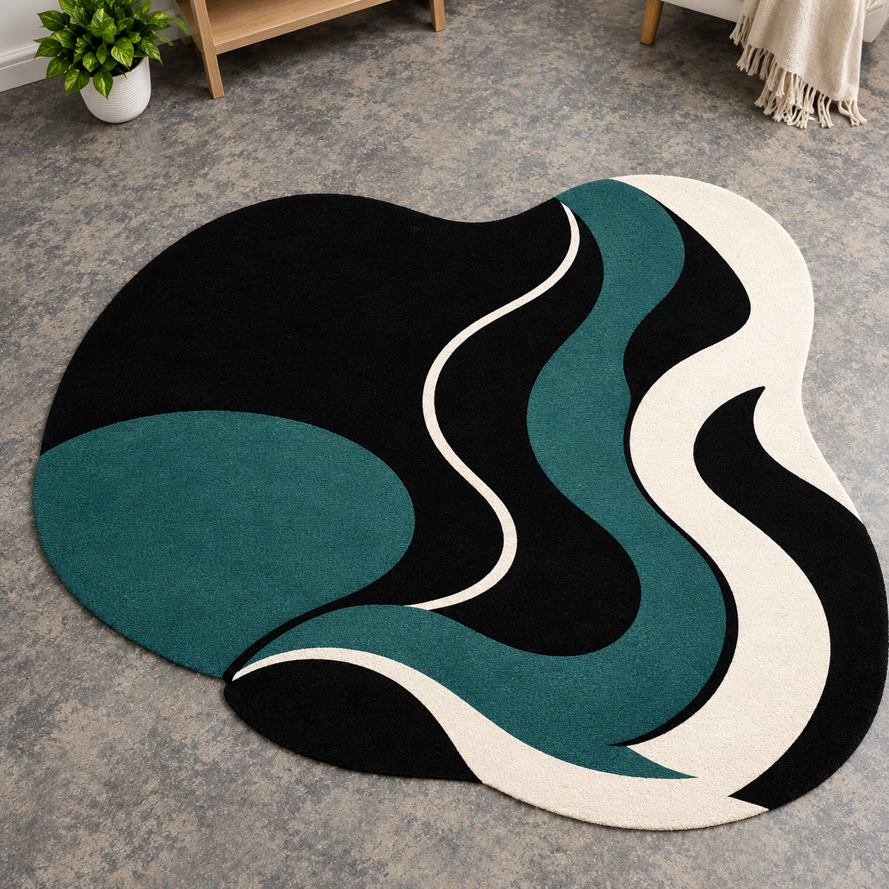 Black Teal and Ivory Abstract Irregular Designer Rug