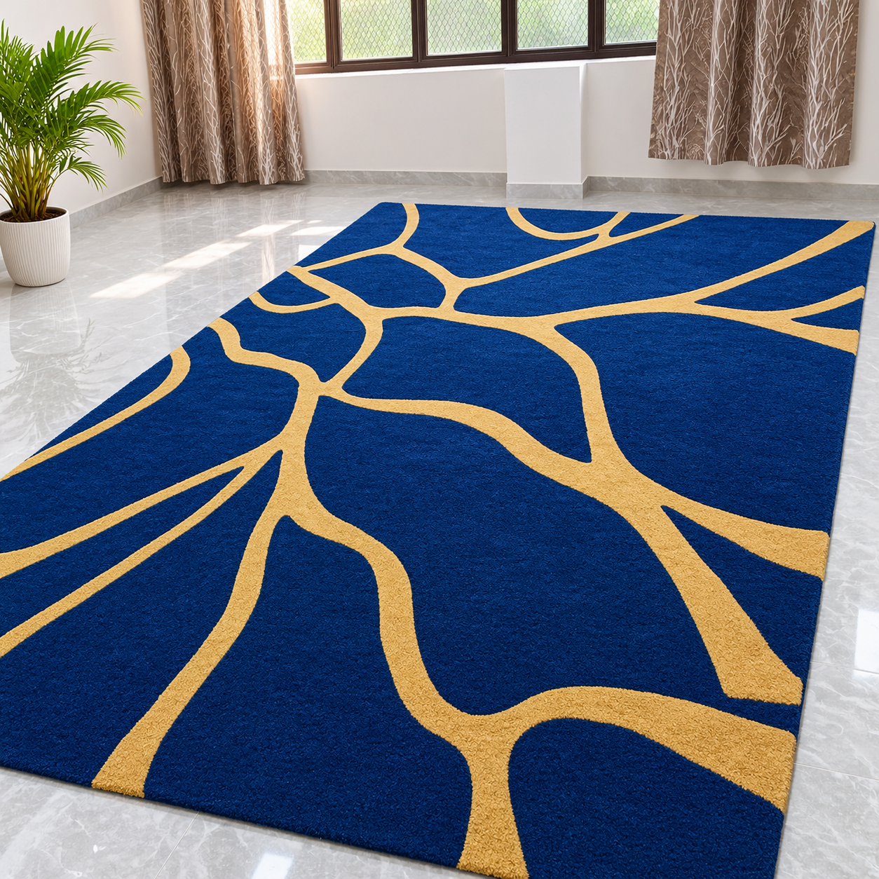 Royal Blue and Golden Abstract Geometric Designer Carpet