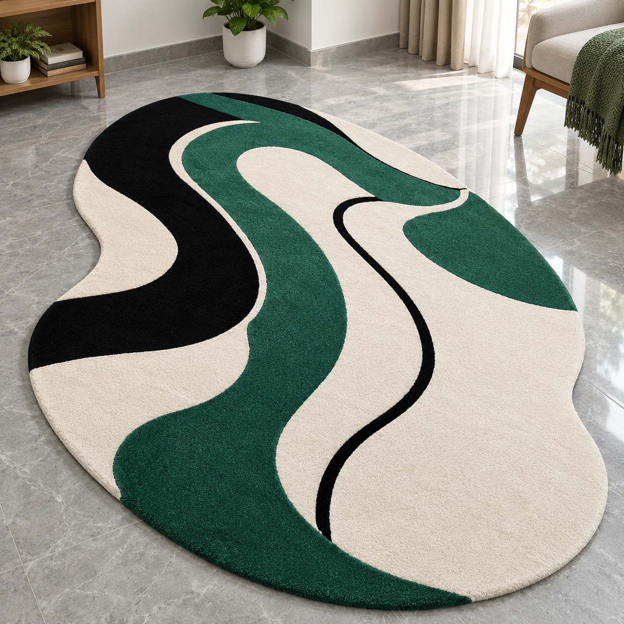 Green, Cream and Black Abstract Curved Designer Rug
