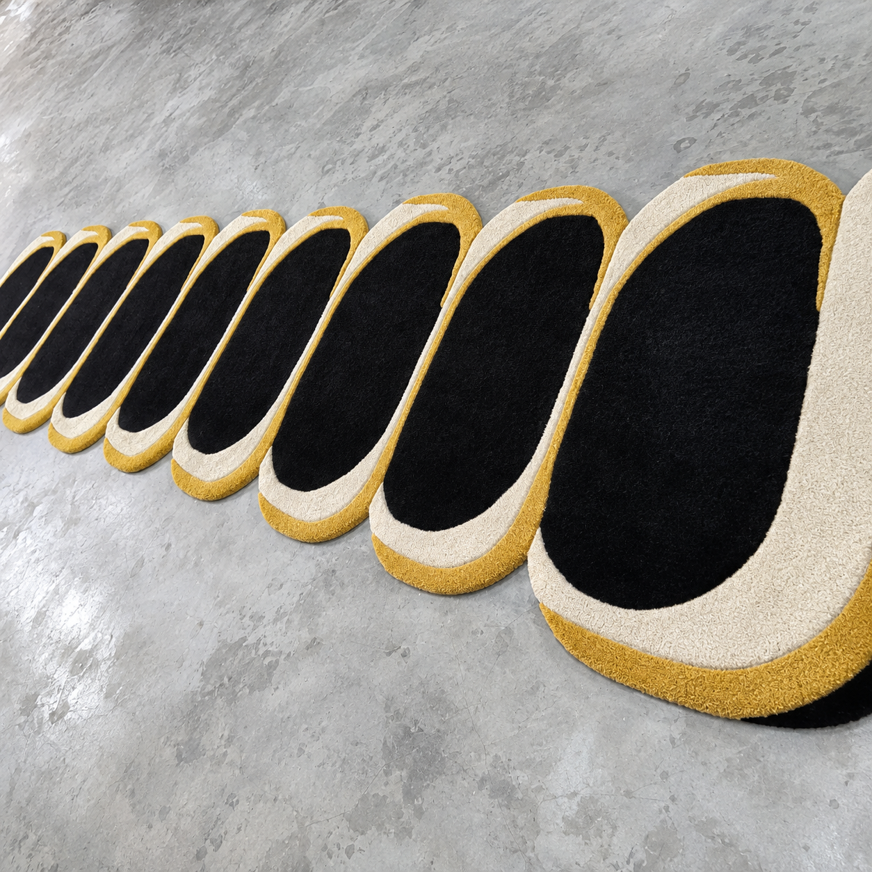 Black, Cream and Mustard Yellow Abstract Curved Rugs
