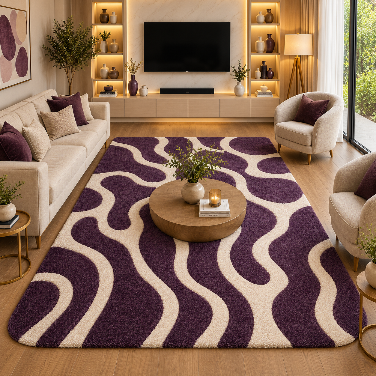 Purple and Cream Abstract Wave Pattern Rectangular Rug