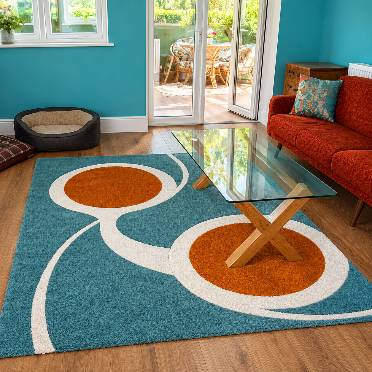 Blue, White and Mustard Yellow Geometric Circle Designer Rug