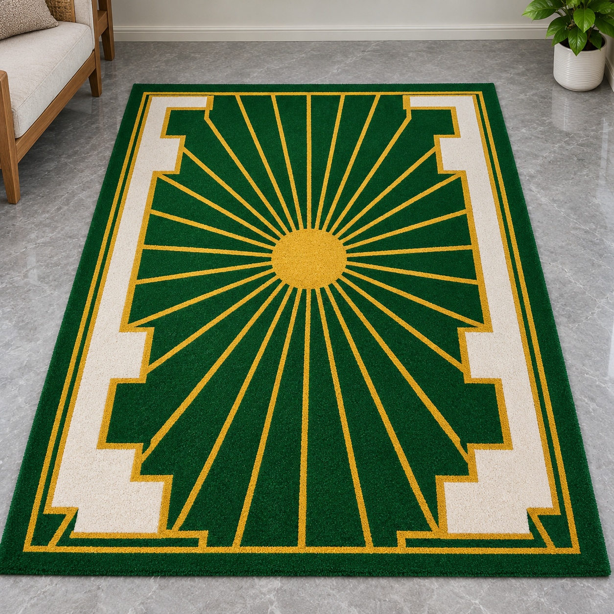 Green, Cream and Mustard Yellow Geometric Sunburst Rectangular Rug