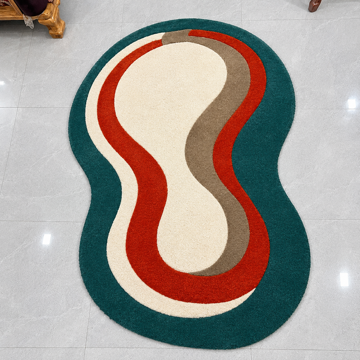 Teal, Rust Orange and Beige Abstract Oval Designer Rug