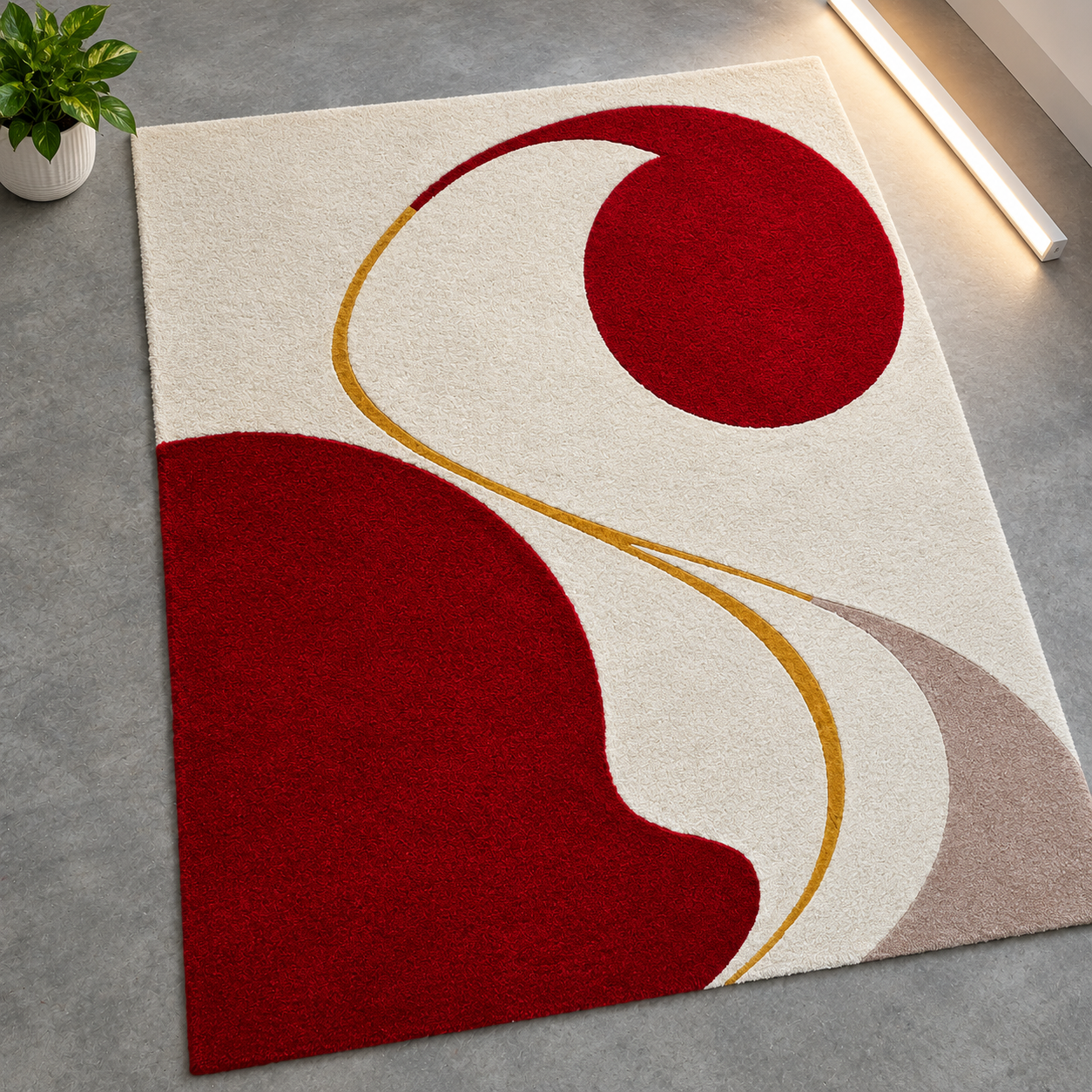 Burgundy, Cream and Gold Flowing Curve Abstract Rectangular Rug