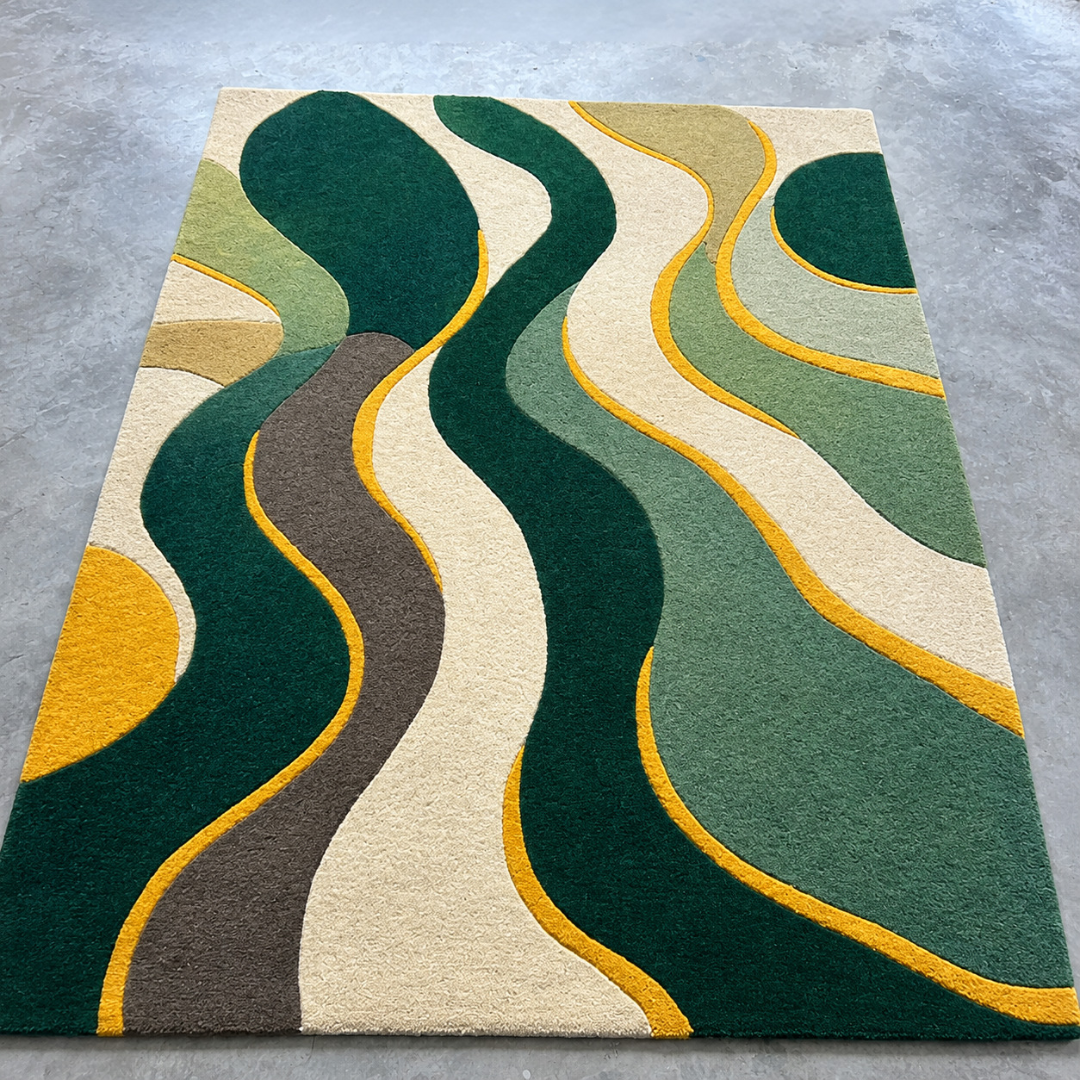 Dark Green, Sage Green and Cream Wavy Abstract Rectangular Rug