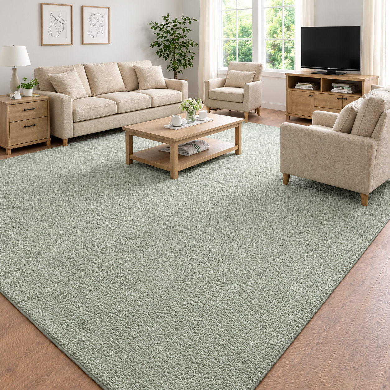 Sage Green Textured Plain Rectangular Area Rug