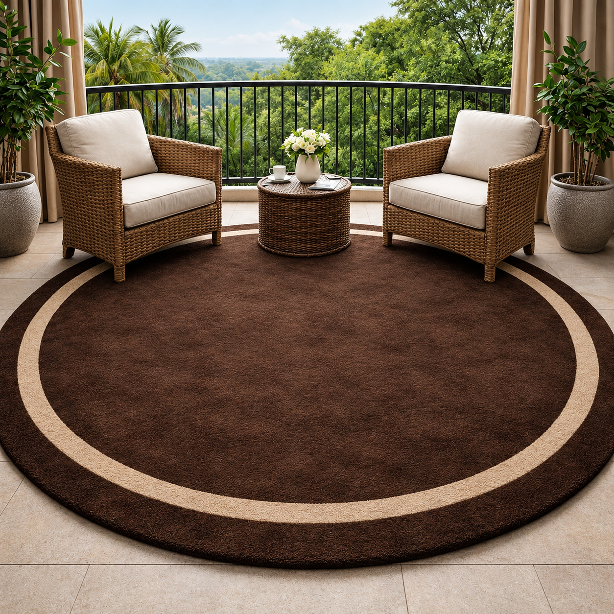 Chocolate Brown and Beige Circular Border Round Area Rug