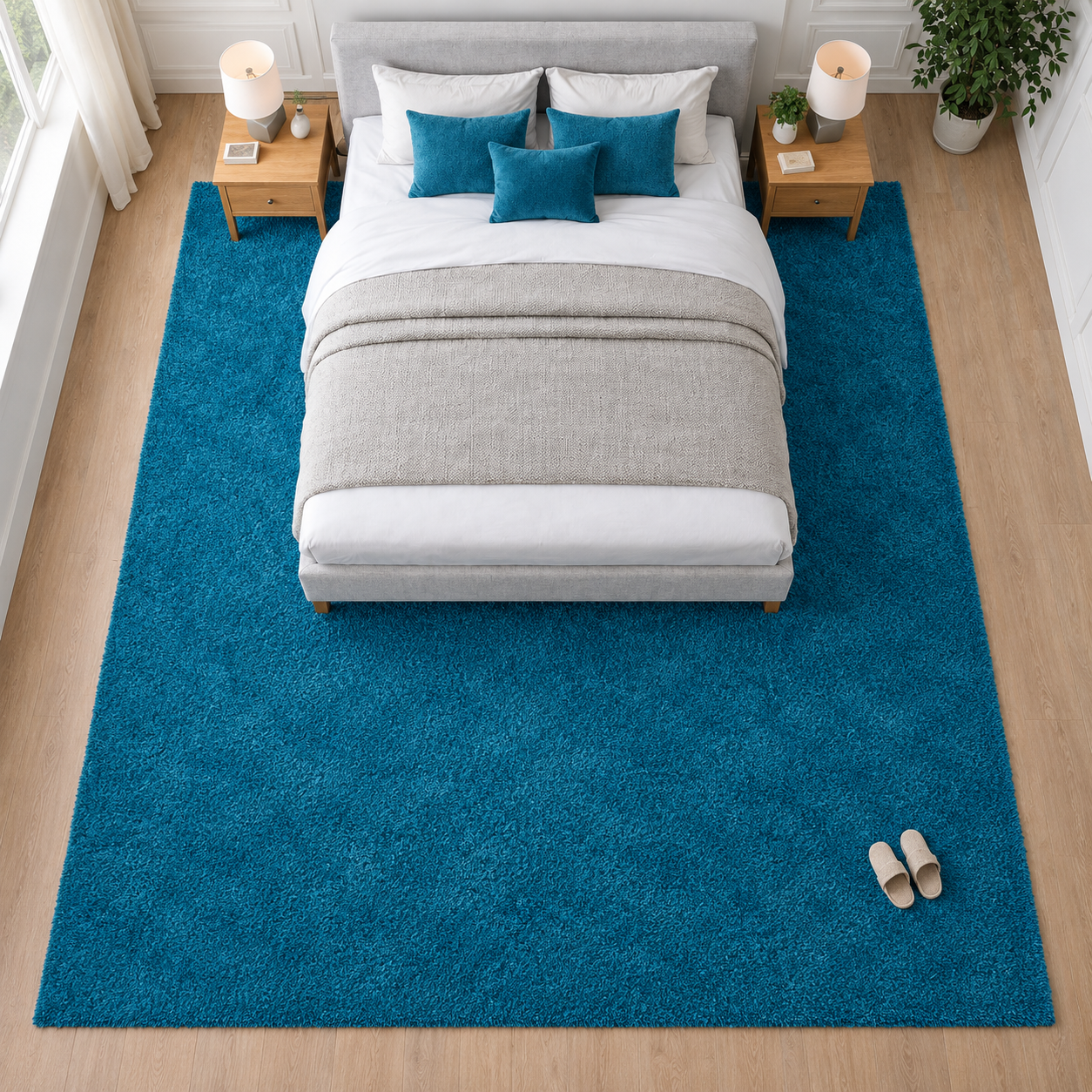 Teal Blue Textured Plain Rectangular Bedroom Rug