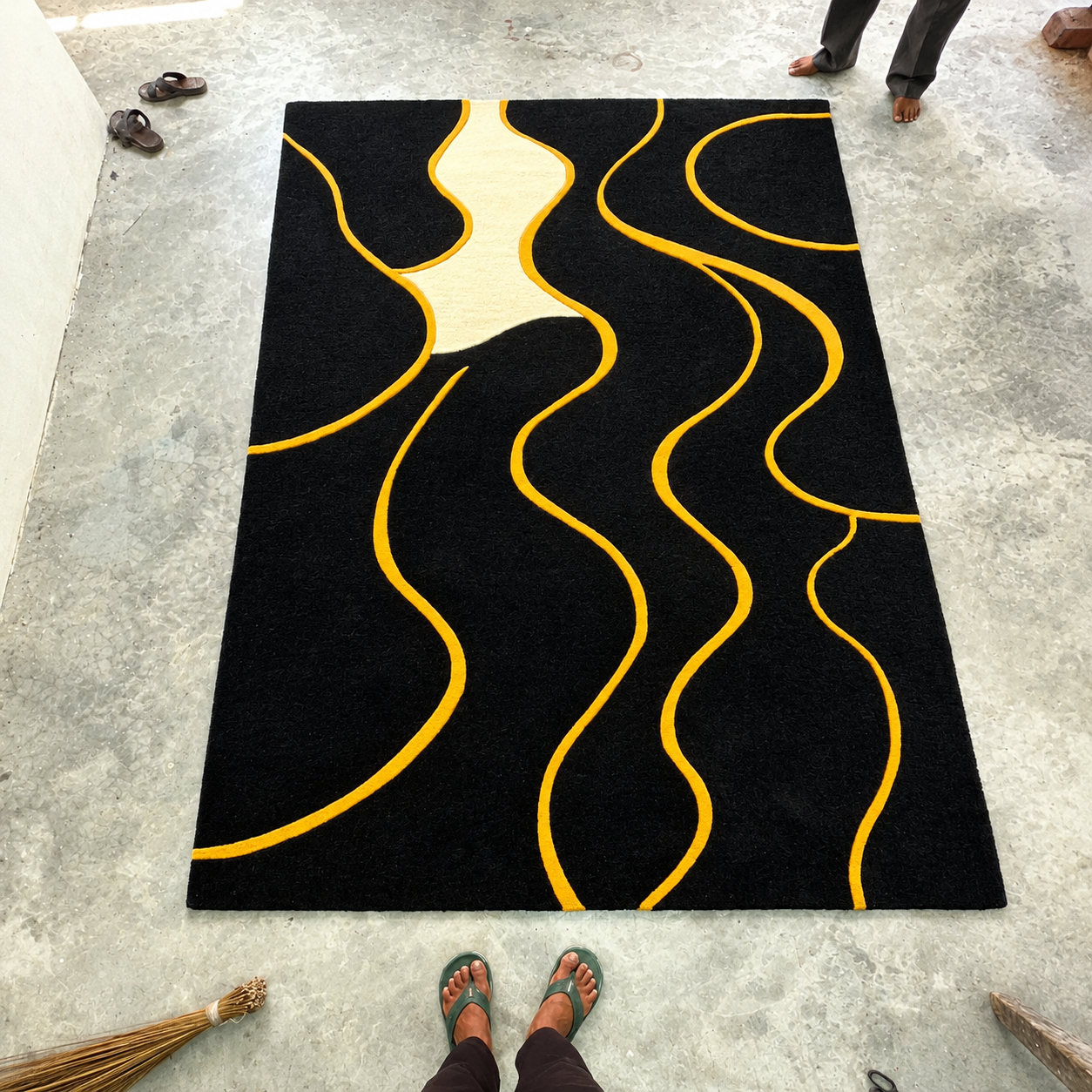 Black and Mustard Yellow Abstract Wave Designer Rug