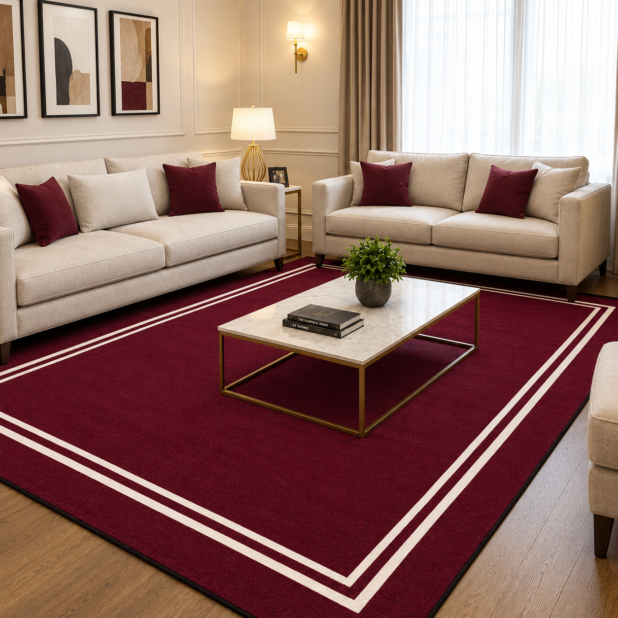 Burgundy Red and Cream Double Border Rectangular Area Rug