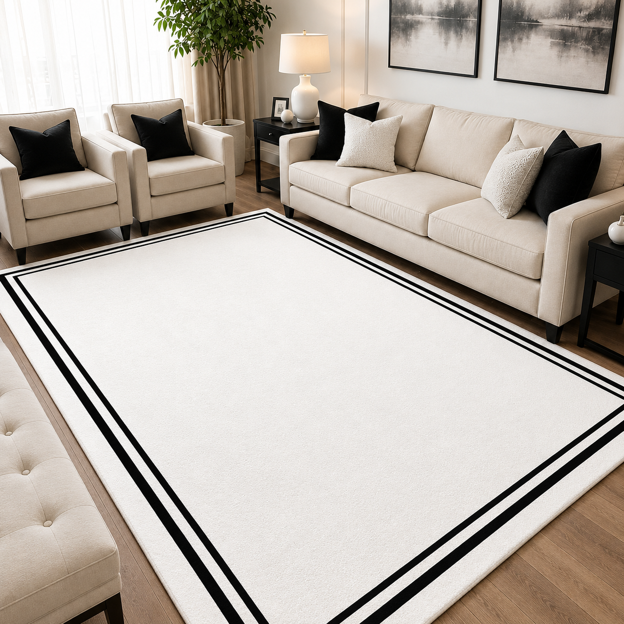 Ivory White and Black Double Line Border Rectangular Rug