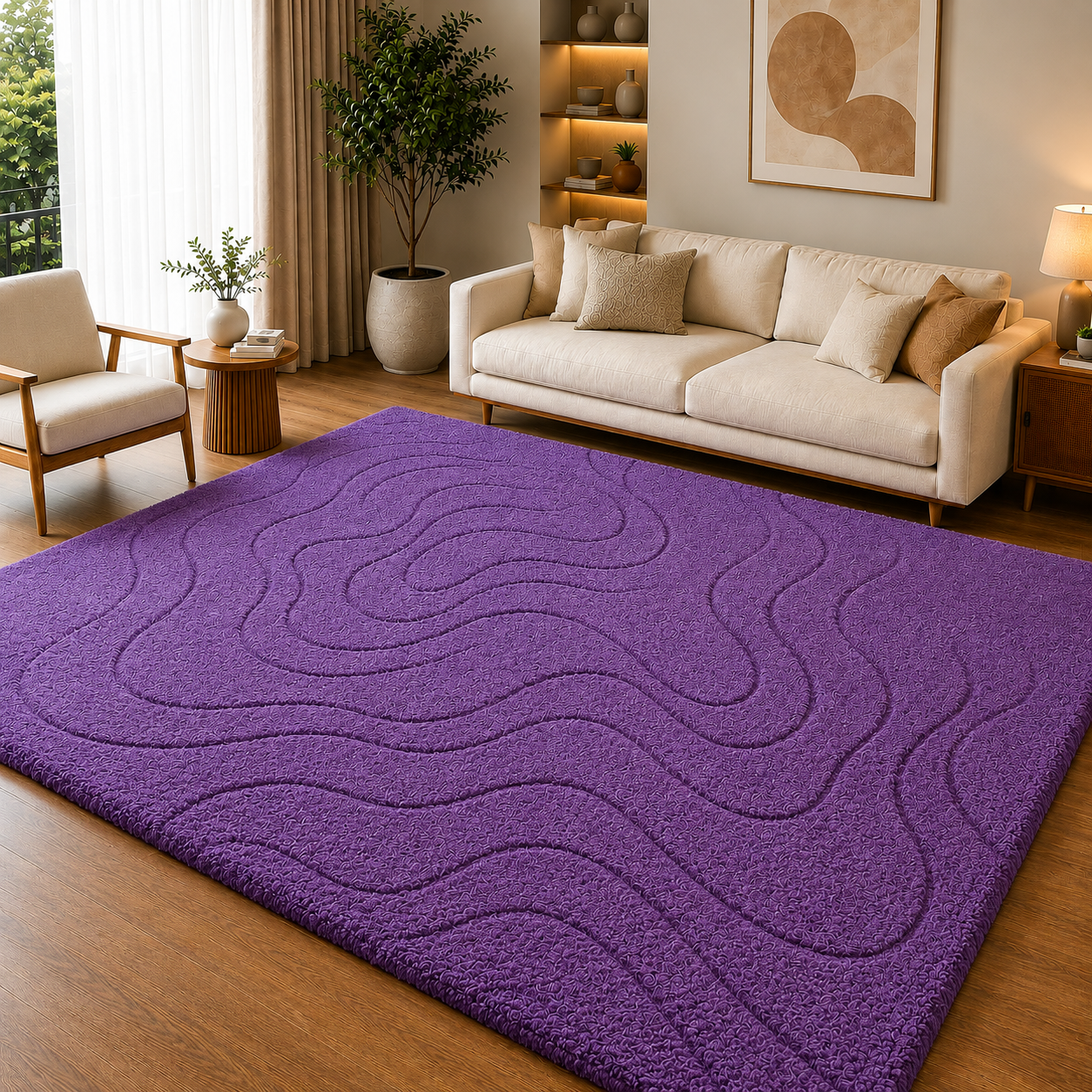 Purple Raised Wave Pattern Textured Rectangular Rug