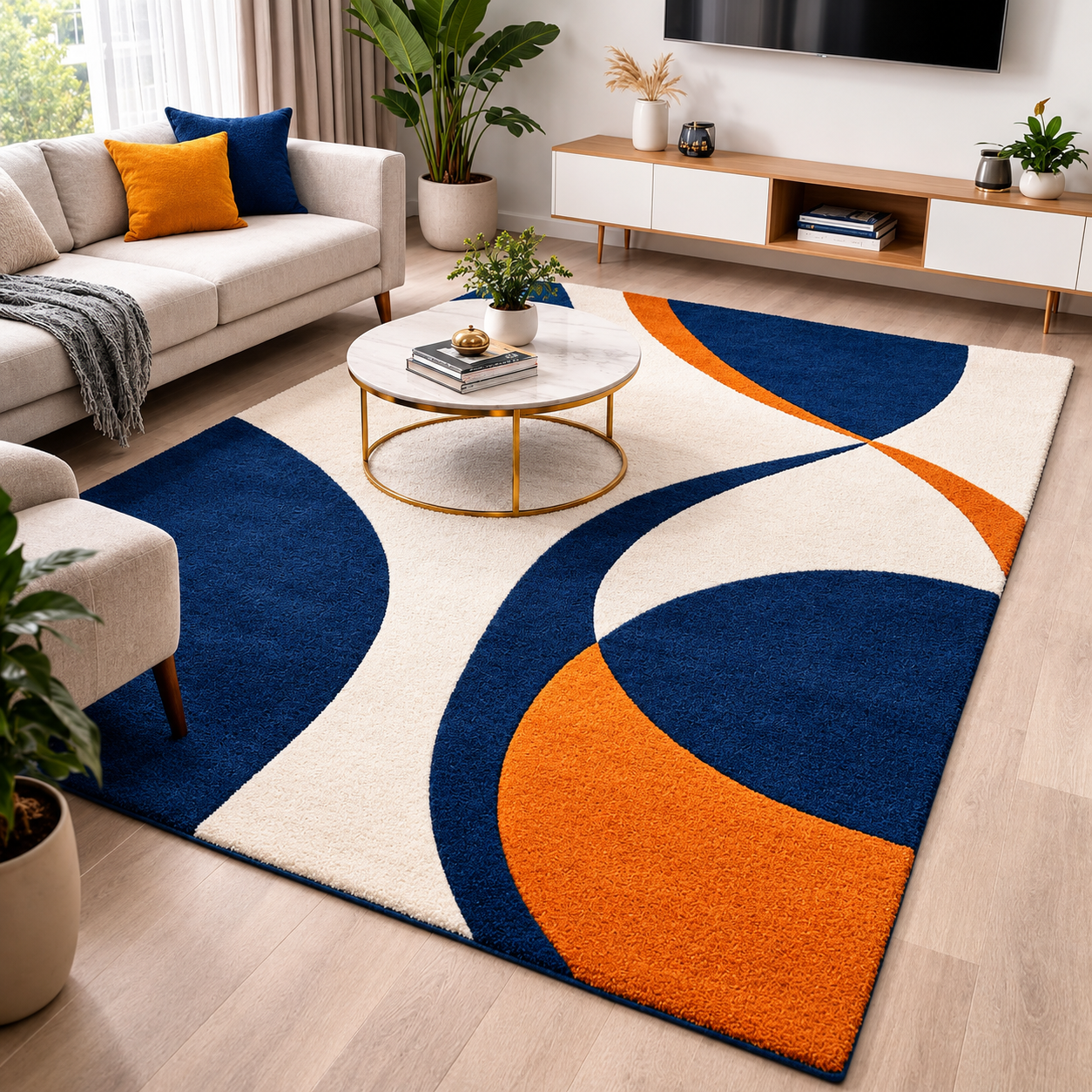 Navy Blue, Cream and Orange Abstract Curved Geometric Rug