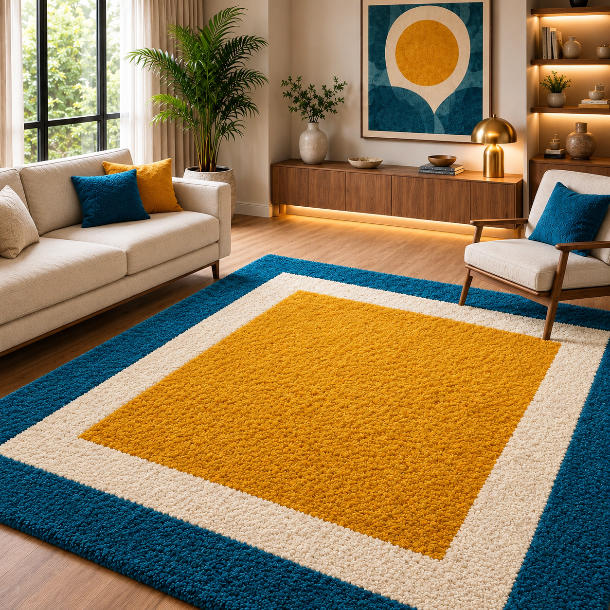 Mustard Yellow, Cream and Teal Blue Border Rectangular Rug
