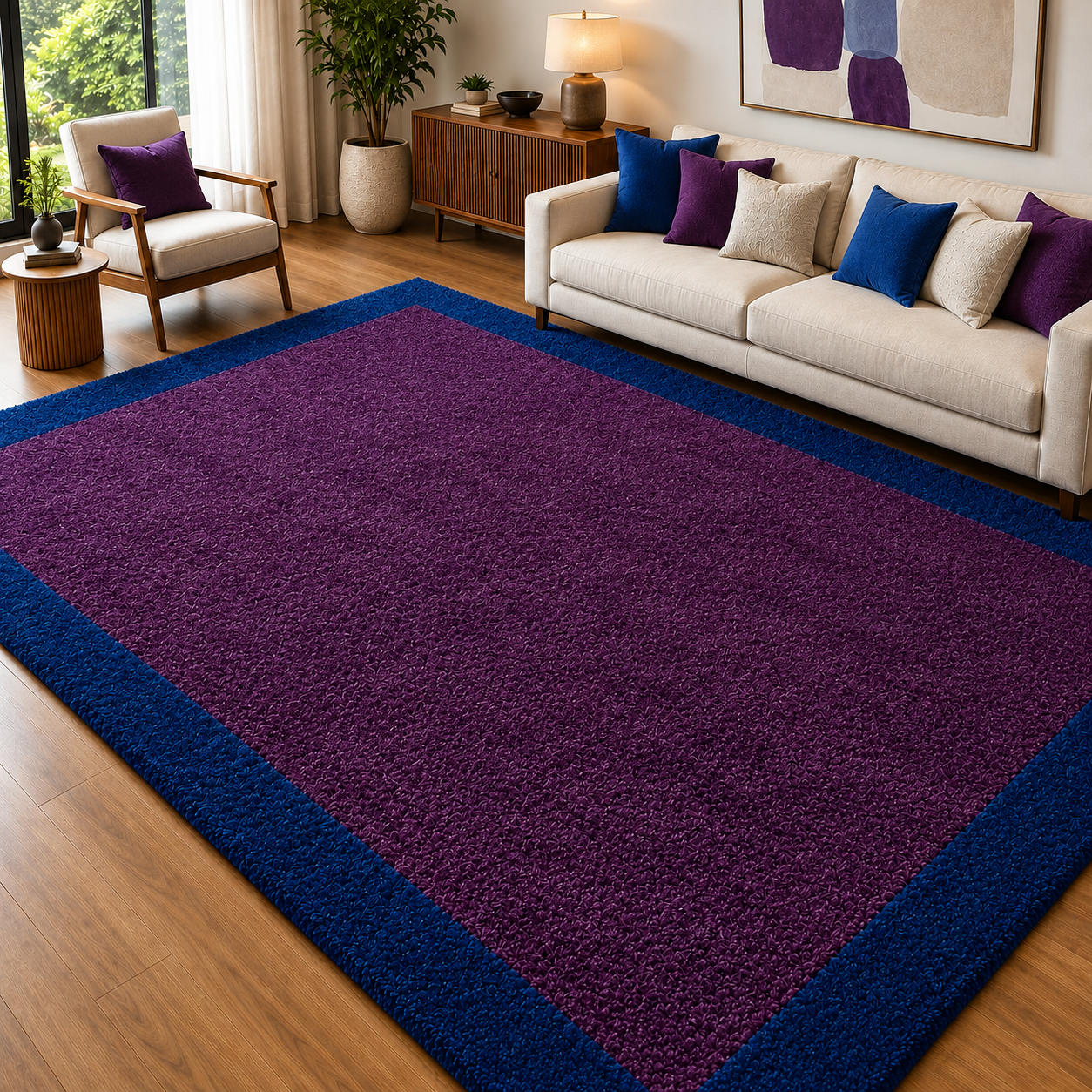 Deep Purple and Royal Blue Border Solid Rectangular Rug