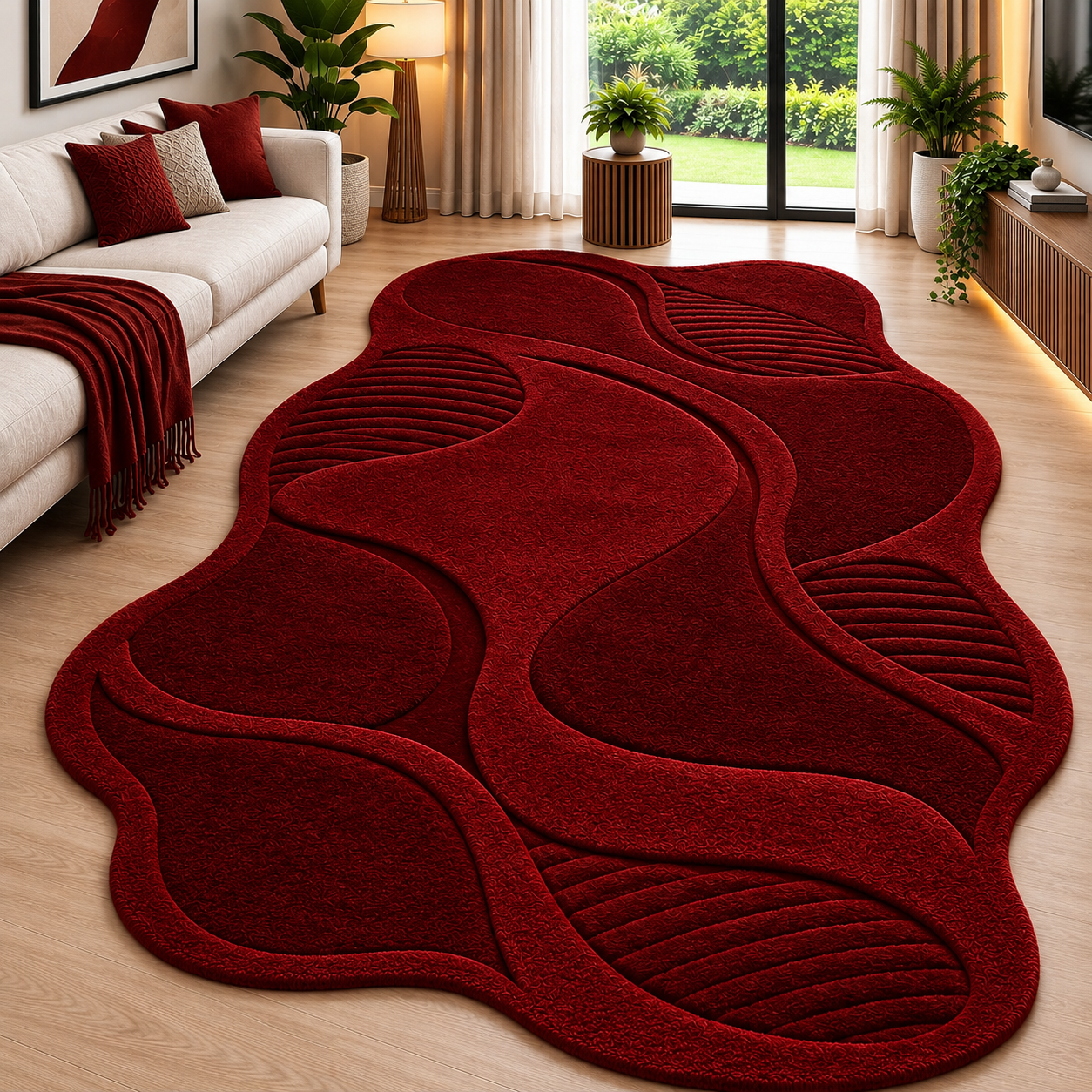 Deep Burgundy Red Abstract Wavy Rug with Raised Curved Patterns