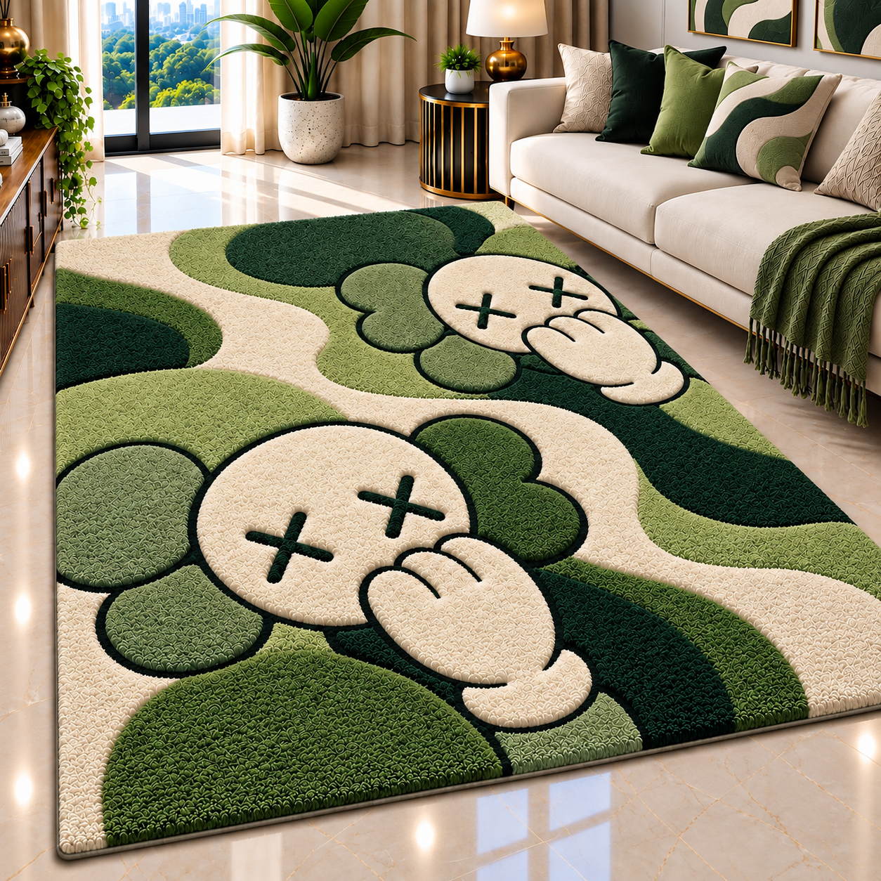 Olive Green, Dark Green and Cream Cartoon Face Pattern Rug