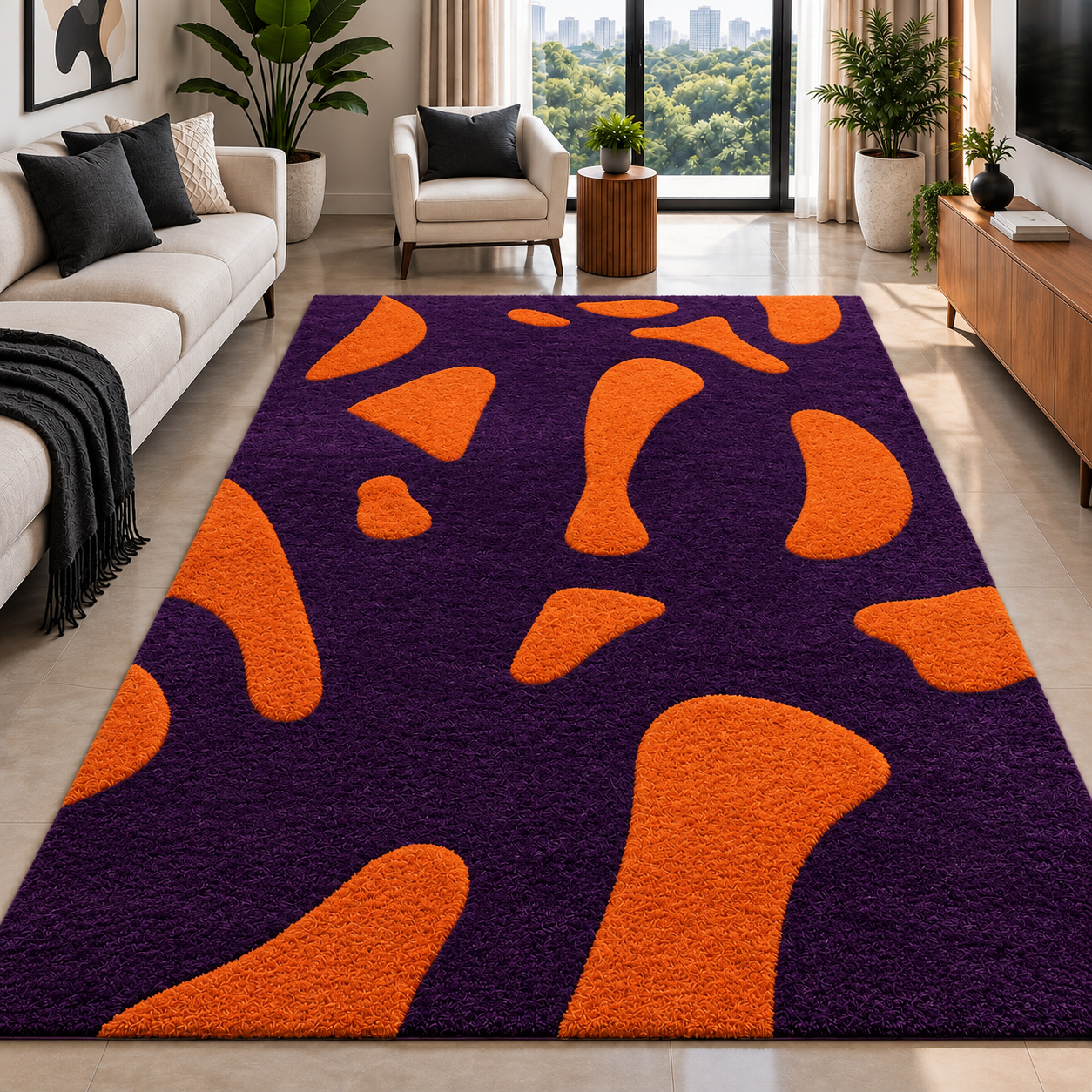 Deep Purple and Bright Orange Abstract Organic Pattern Rectangular Rug
