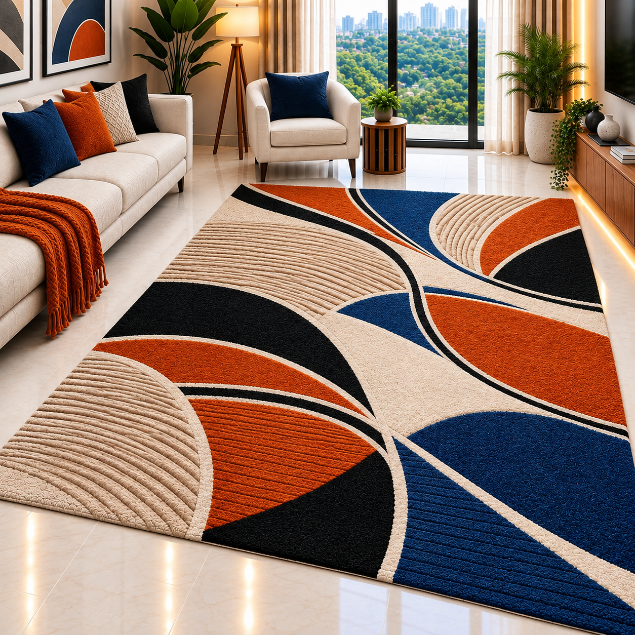 Navy Blue, Rust Orange, Cream and Black Abstract Geometric Rug