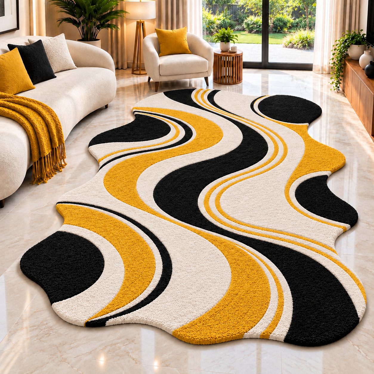 Mustard Yellow, Black and Cream Abstract Wavy Irregular Rug