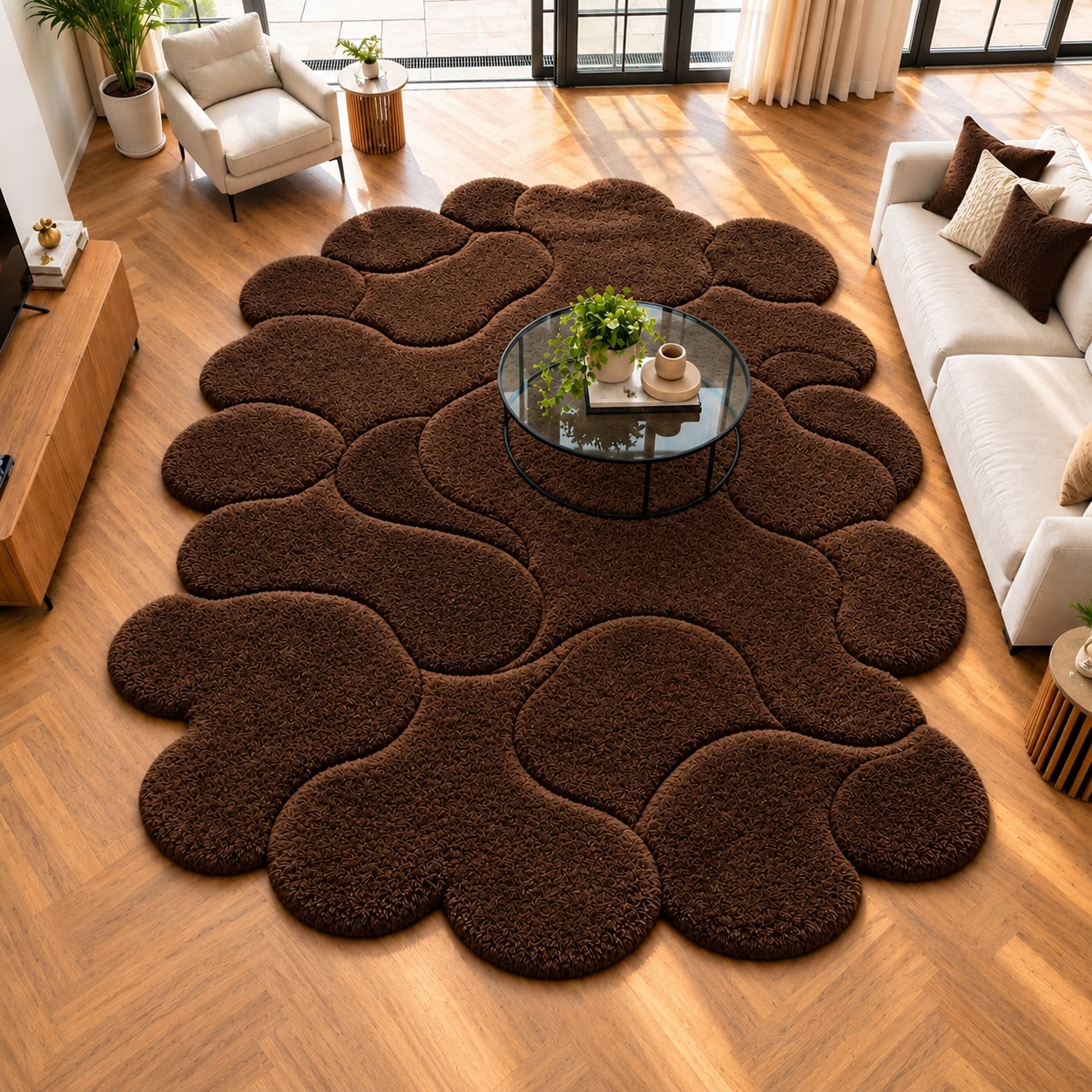 Chocolate Brown Abstract Pebble Pattern Irregular Shaped Rug