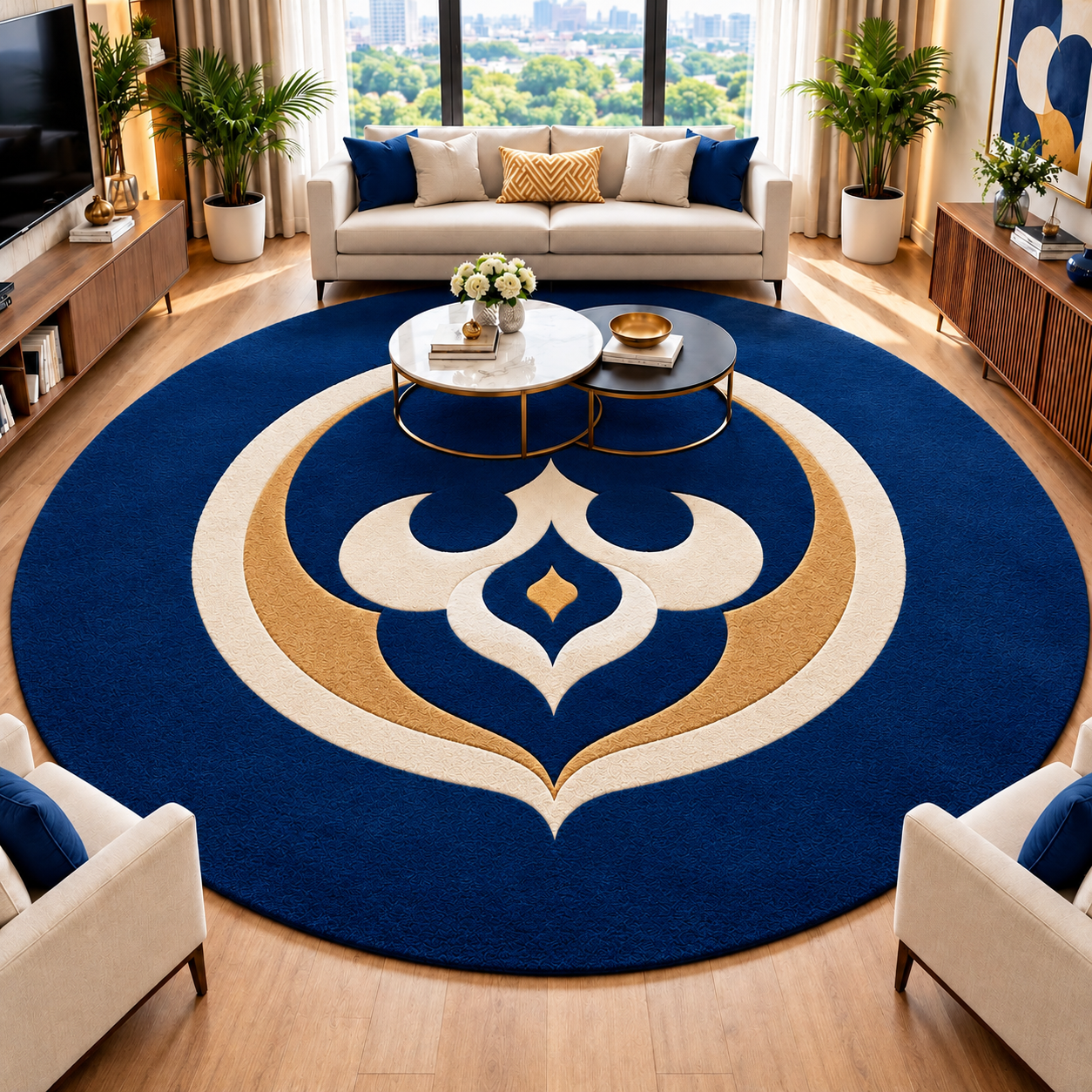 Navy Blue, Cream and Golden Beige Round Ornamental Pattern Rug