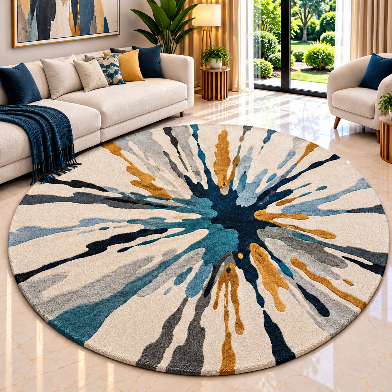 Cream, Navy Blue, Teal and Mustard Abstract Splash Round Rug
