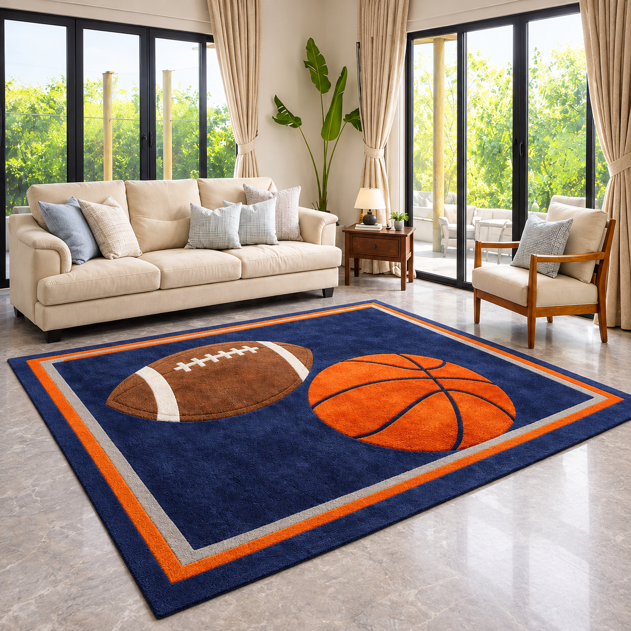 Navy Blue Basketball and Football Sports Theme Designer Rug